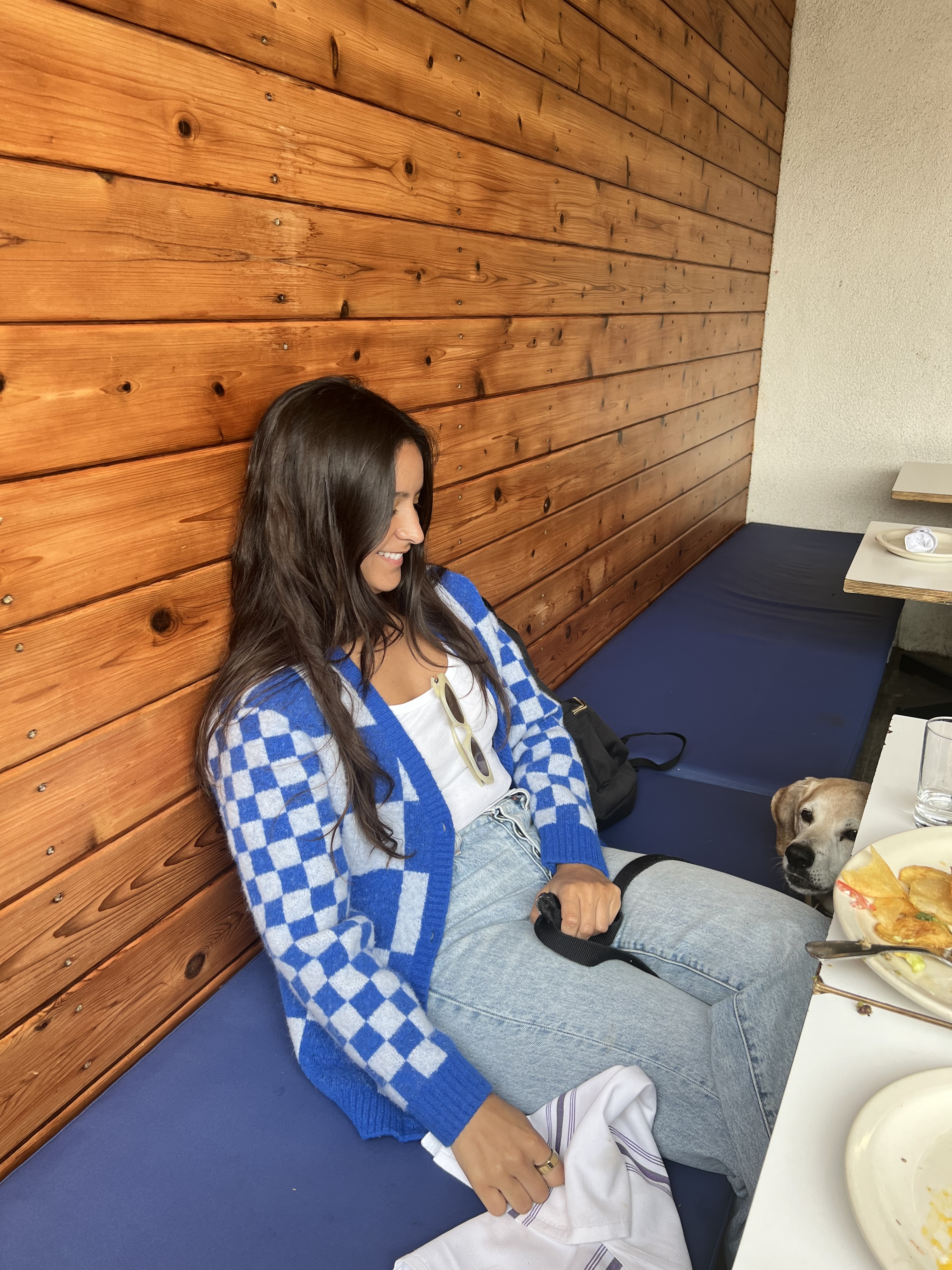 a person sitting on a bench with a dog