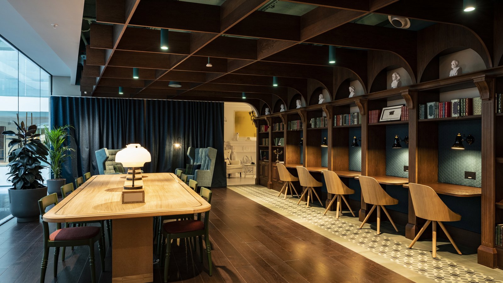 a room with a table and chairs