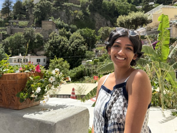 a person standing on a ledge with plants and buildings in the background
