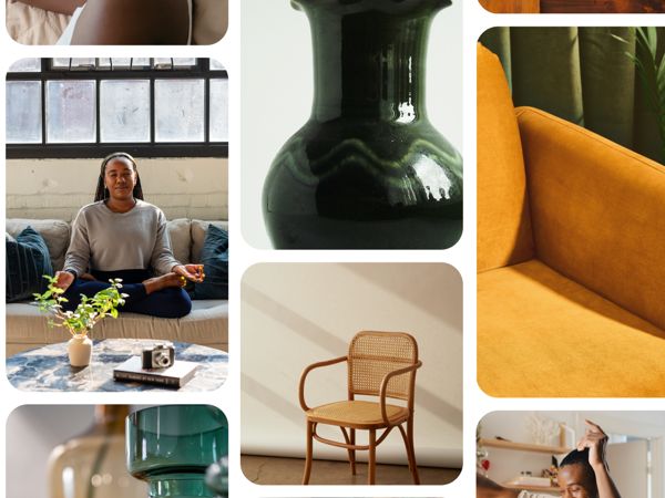 a collage of a woman sitting on a couch